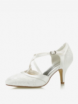 Chaussures Mariage Dentelle Pour Femmes Talon Chaton Bout Pointu Type T Détail Boucle Mariée Vintage