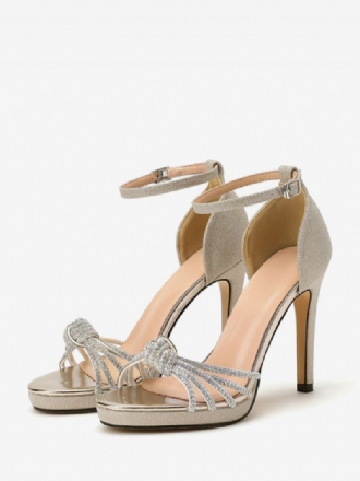 Chaussures Mariage Dorées Pour Femmes Strass Scintillants Bout Ouvert Soirée Nouées À Talons Hauts