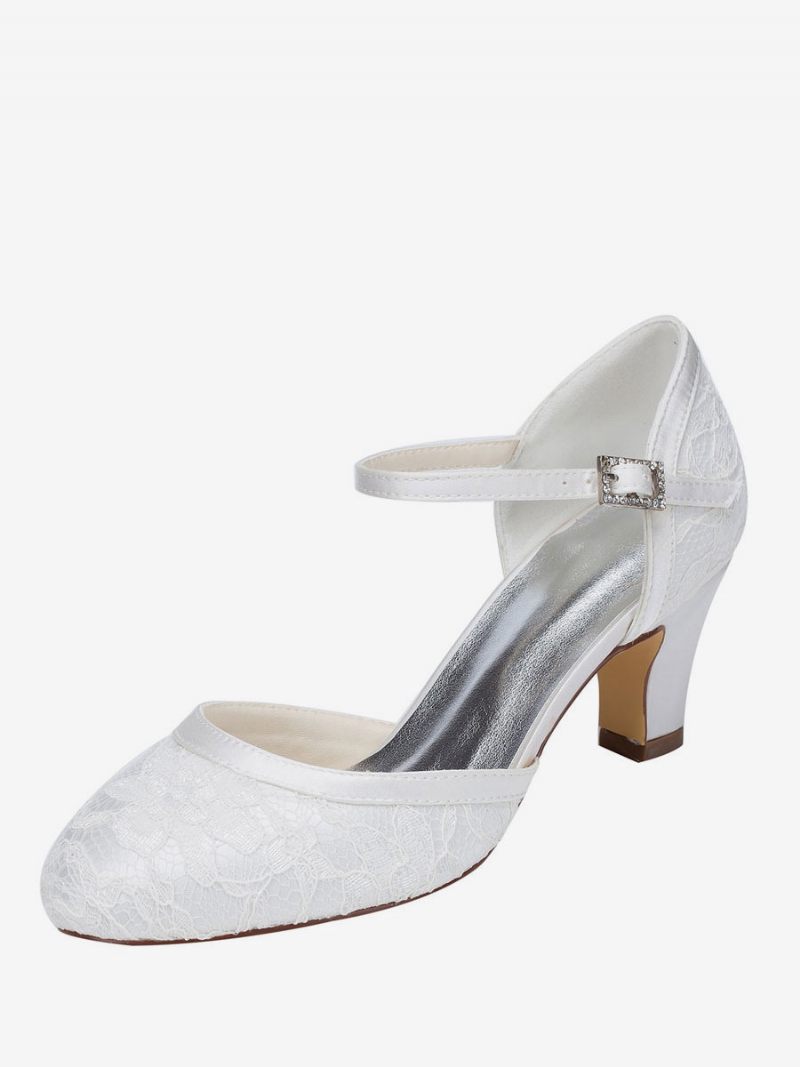 Chaussures Mariage Élégantes Deux Parties Pour Femmes Mariée Dentelle Blanche Bout Rond Talon Épais - Blanc