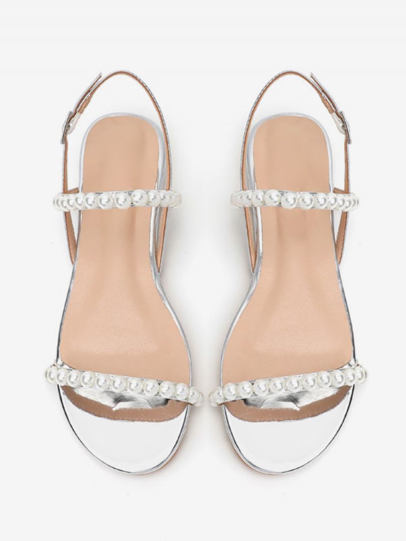 Chaussures Mariage Pour Femmes Cuir Pu Argent Bout Ouvert Perles Mariée Plates - Argent