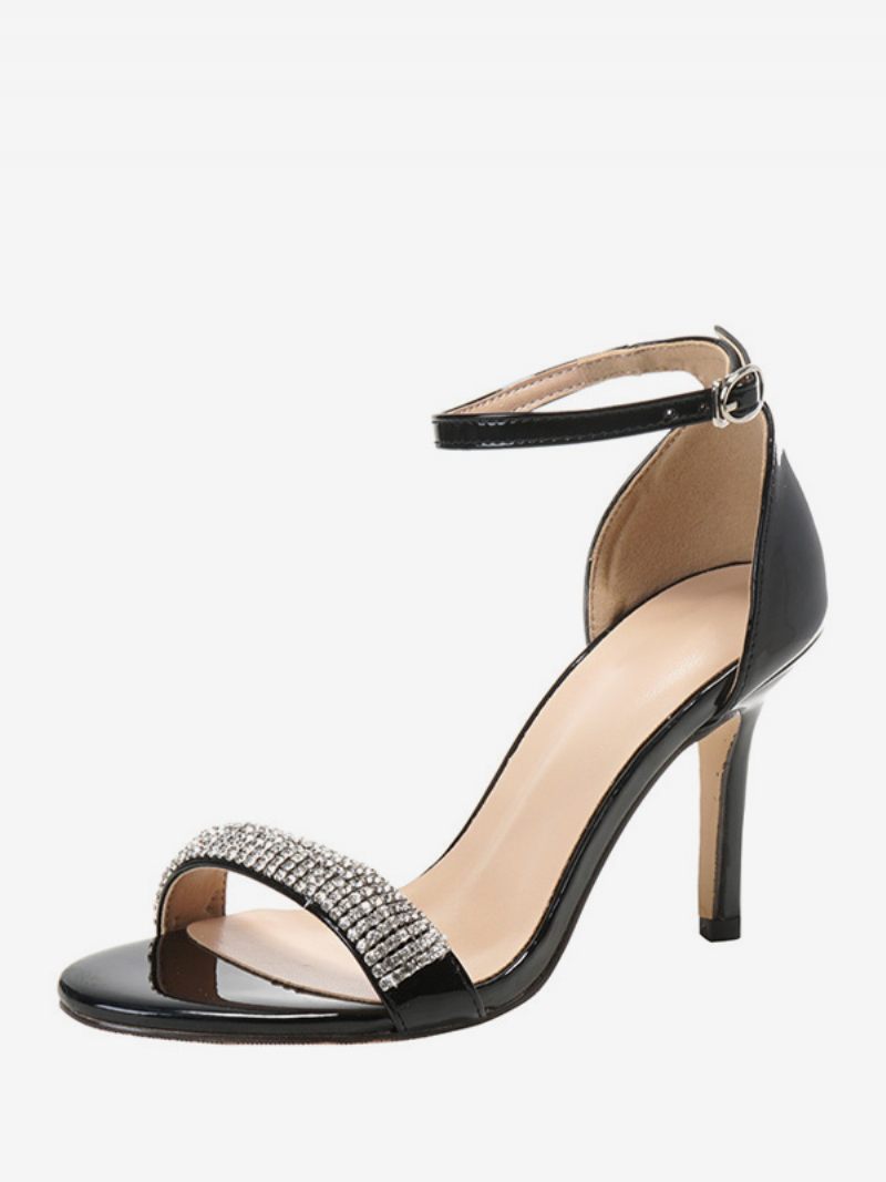 Chaussures Mariage Pour Femmes Demoiselle D'honneur Cuir Pu Bout Ouvert Strass - Noir