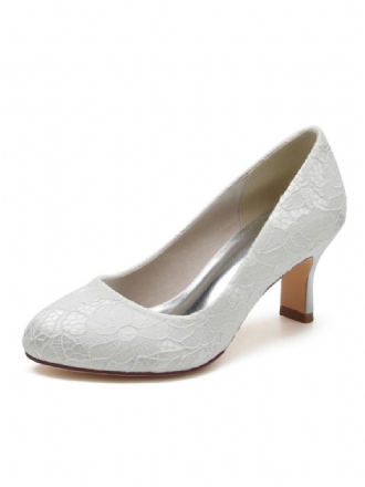 Chaussures Mariage Pour Femmes Escarpins À Bout Rond Et Talons Épais Dentelle