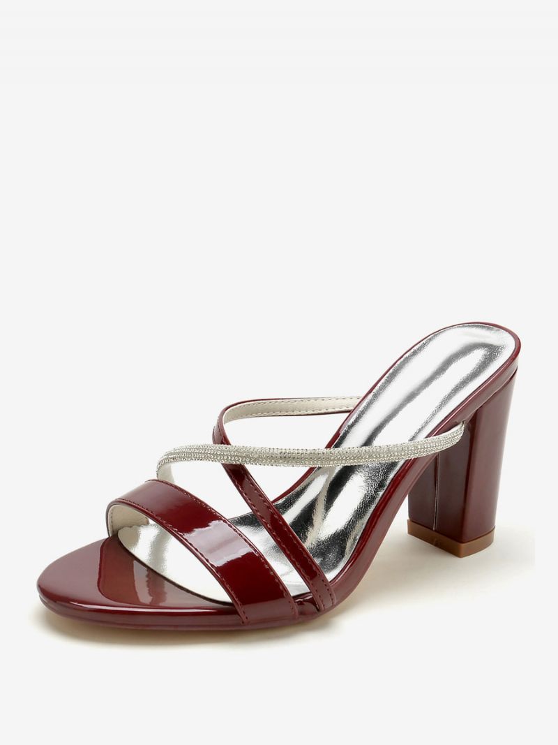 Chaussures Mariage Pour Femmes Sandales À Bout Ouvert Pu Verni Avec Strass Nus - Bordeaux
