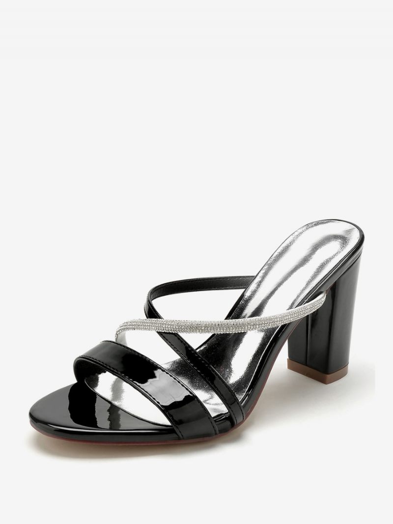Chaussures Mariage Pour Femmes Sandales À Bout Ouvert Pu Verni Avec Strass Nus - Noir