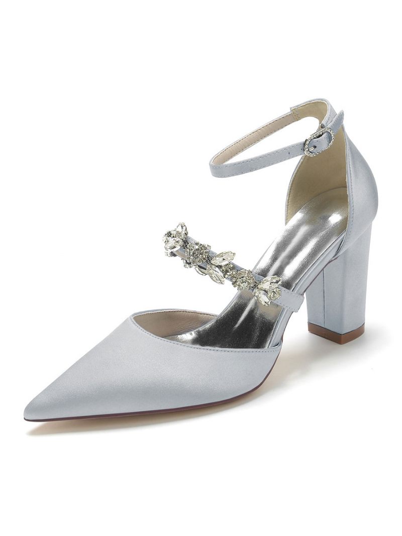 Chaussures Mariage Pour Femmes Strass Satin Bout Pointu Talon Épais Mariée - Argent