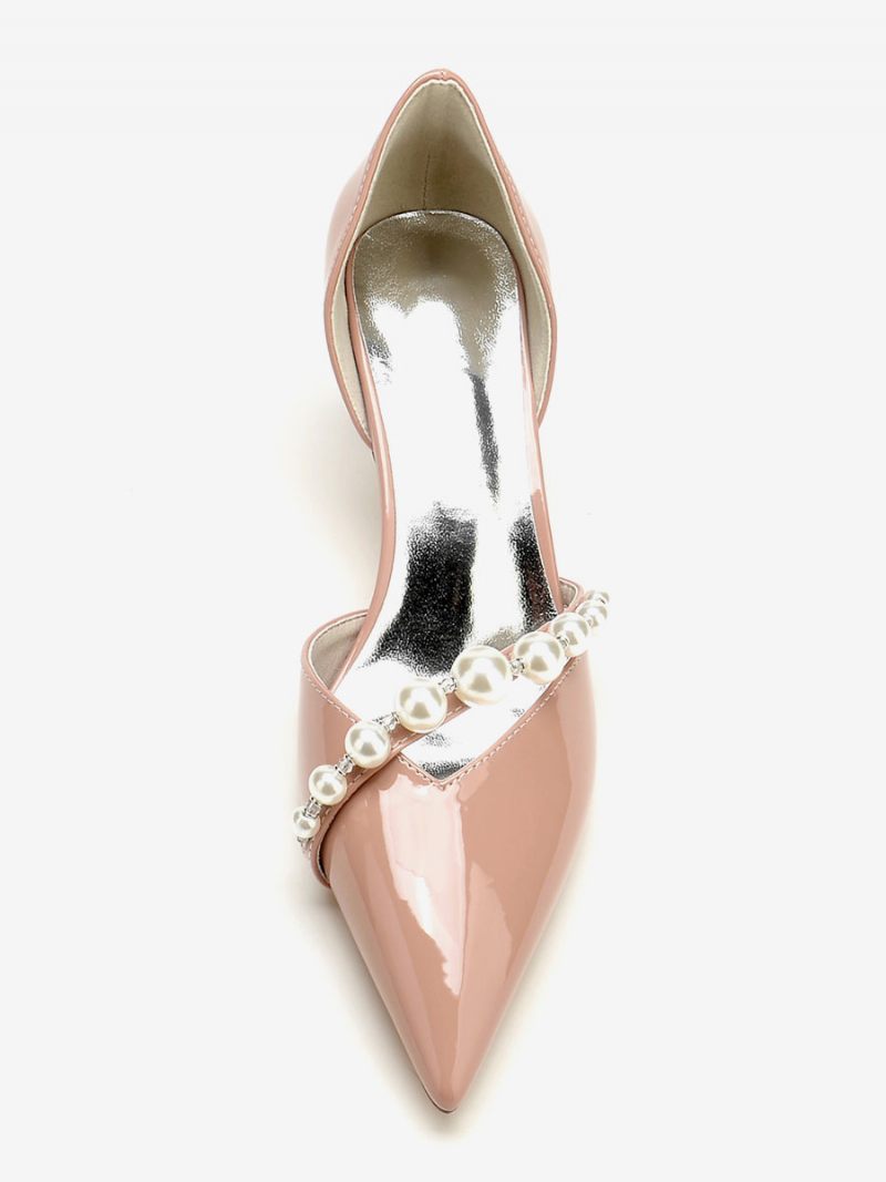 Chaussures Mariage À Talon Chaton Pour Femmes Escarpins Mariée Brevetés Pu Bout Pointu Et Perles - Jaune / Rouge