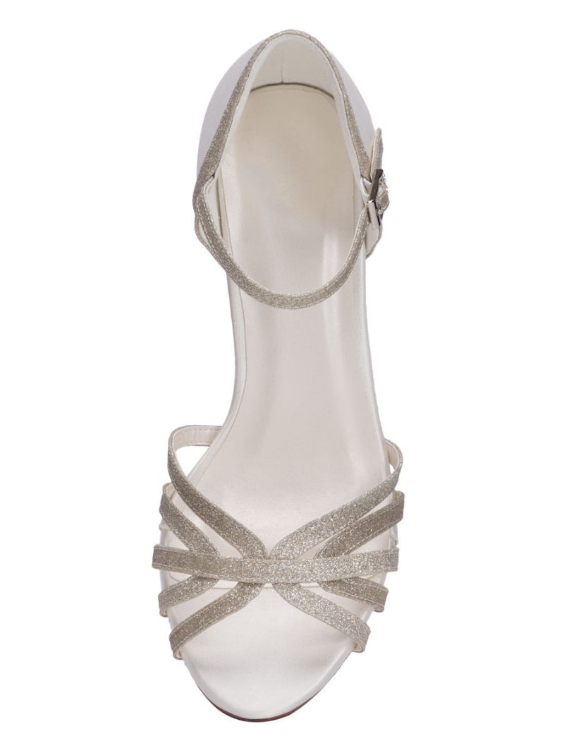 Chaussures Mariage À Talons Chaton Pour Femmes Sandales Lanières Bout Ouvert Mariée Vintage - Ivoire