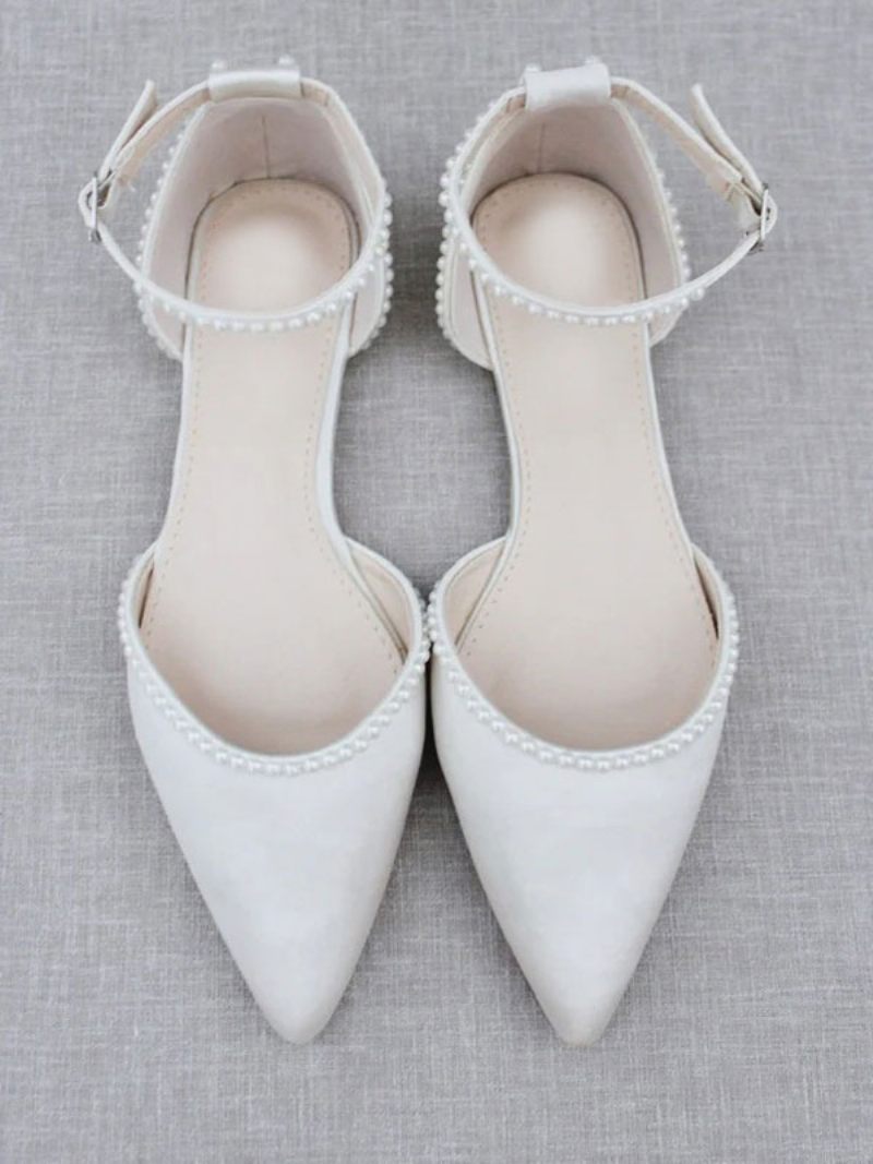 Chaussures Mariée Blanches Pour Femmes Cuir Pu À Bout Pointu Avec Perles - Blanc