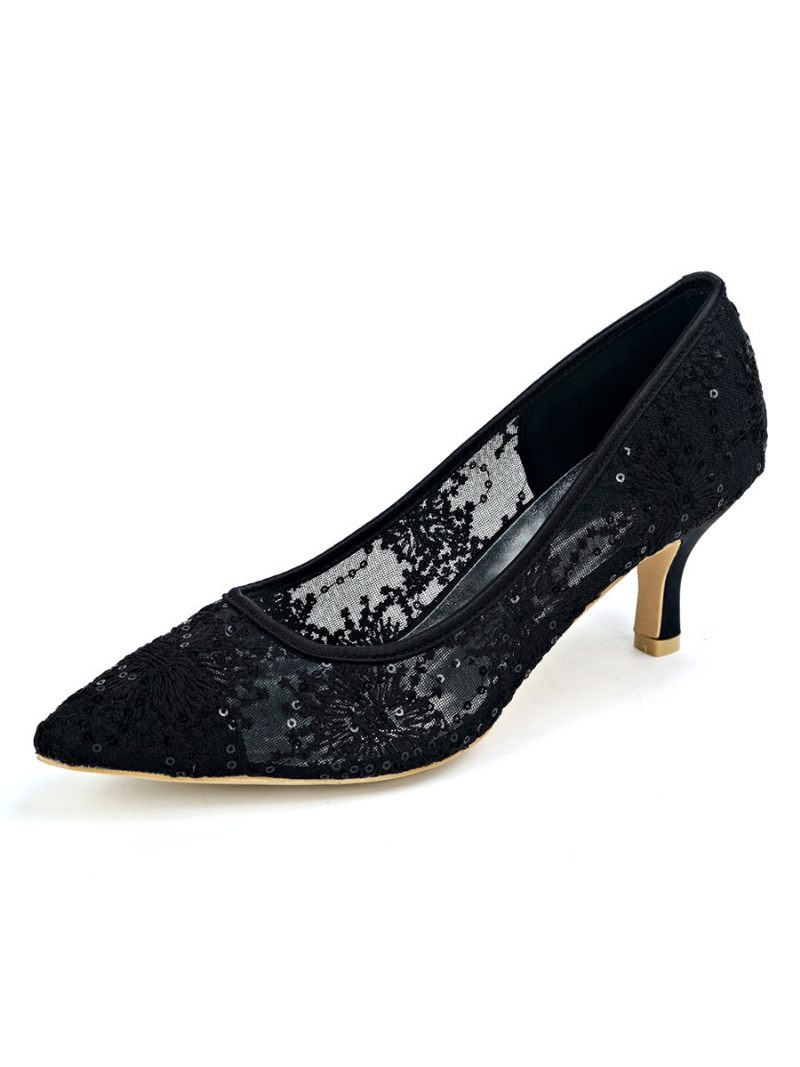 Chaussures Mariée Dentelle À Talon Chaton Pour Femmes - Noir