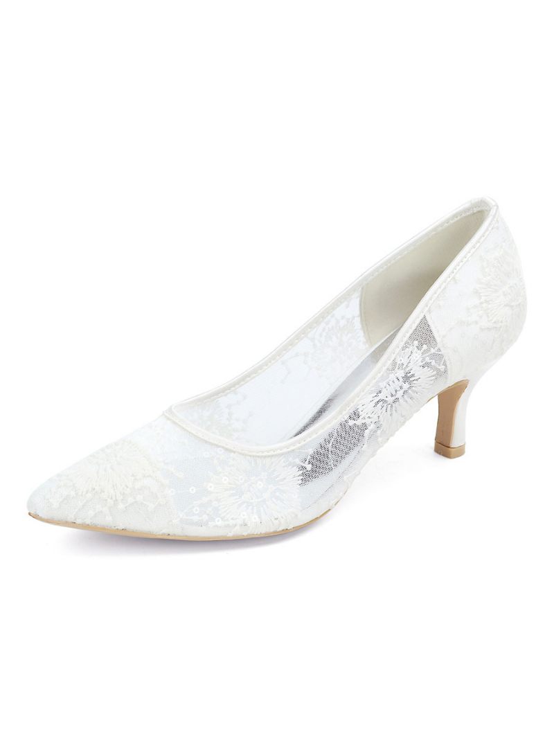 Chaussures Mariée Dentelle À Talon Chaton Pour Femmes - Blanc