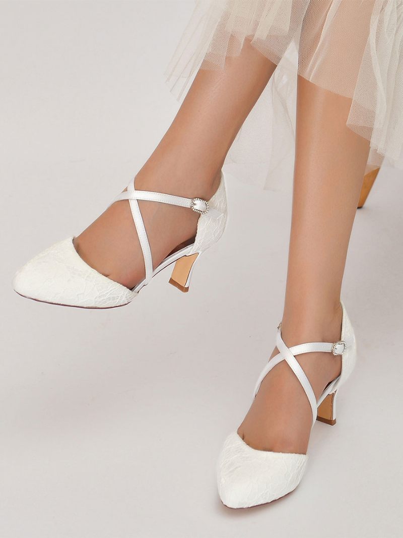 Chaussures Mariée Pour Femmes Dentelle Bleu Profond Bout Rond Strass Talon Épais