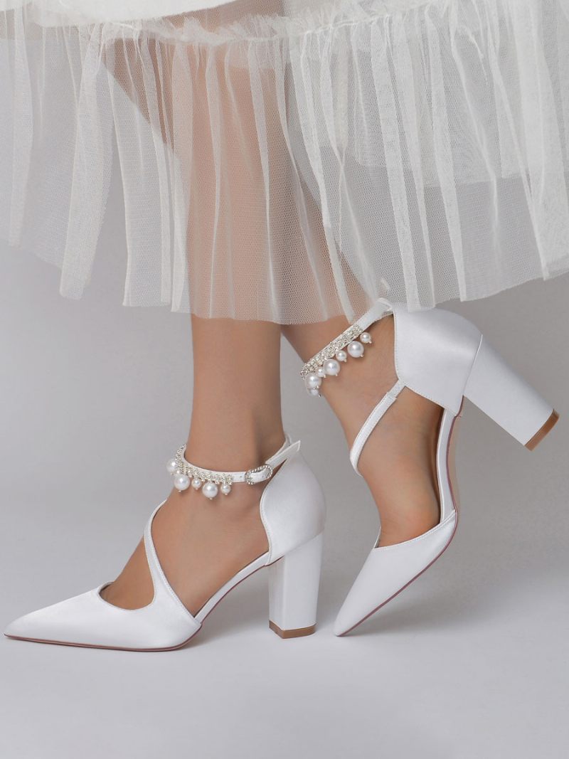 Chaussures Mariée Pour Femmes Escarpins À Talons Épais Et Perles Satin