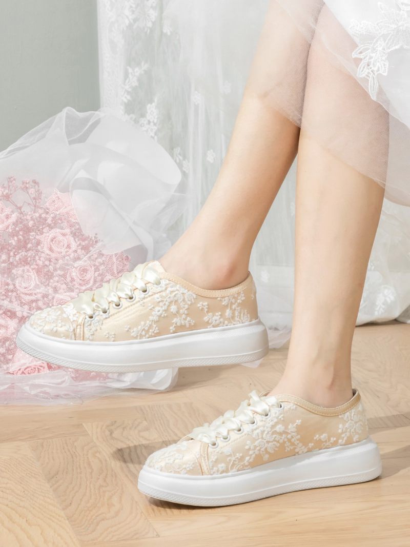 Chaussures Mariée Pour Femmes Mariage Plates À Bout Rond - Champagne