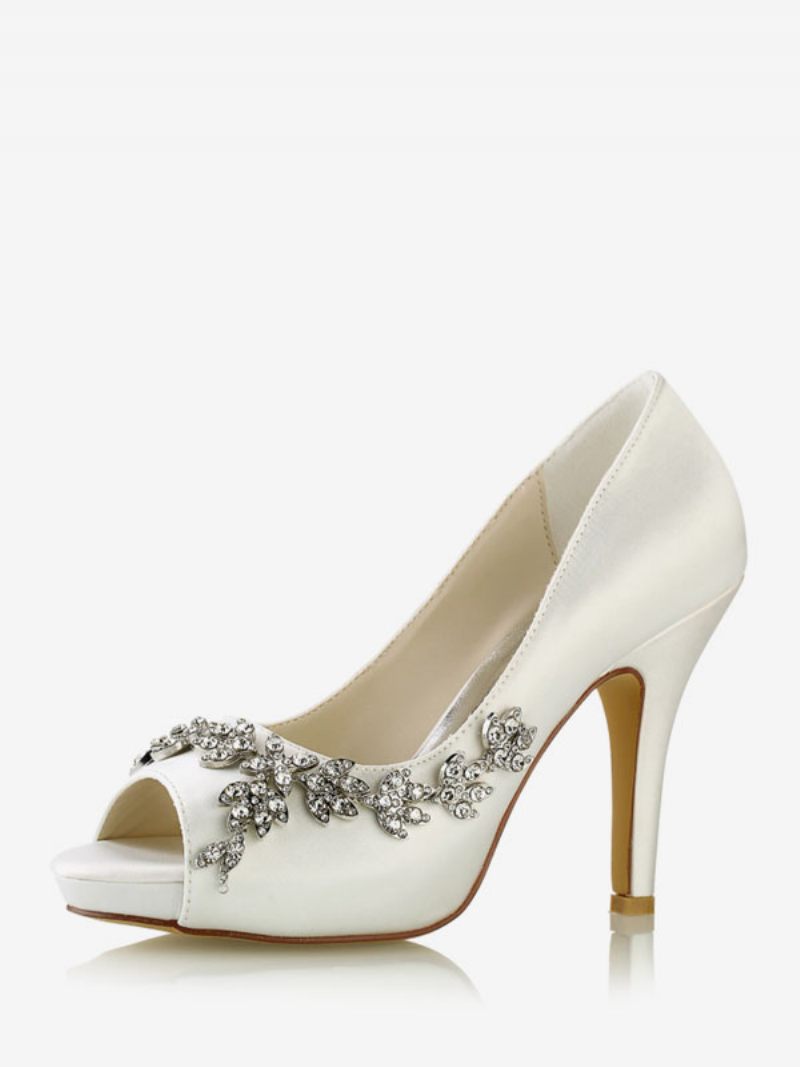 Chaussures Mariée Pour Femmes Satin Blanc Peep Toe Strass Talon Épais - Ivoire