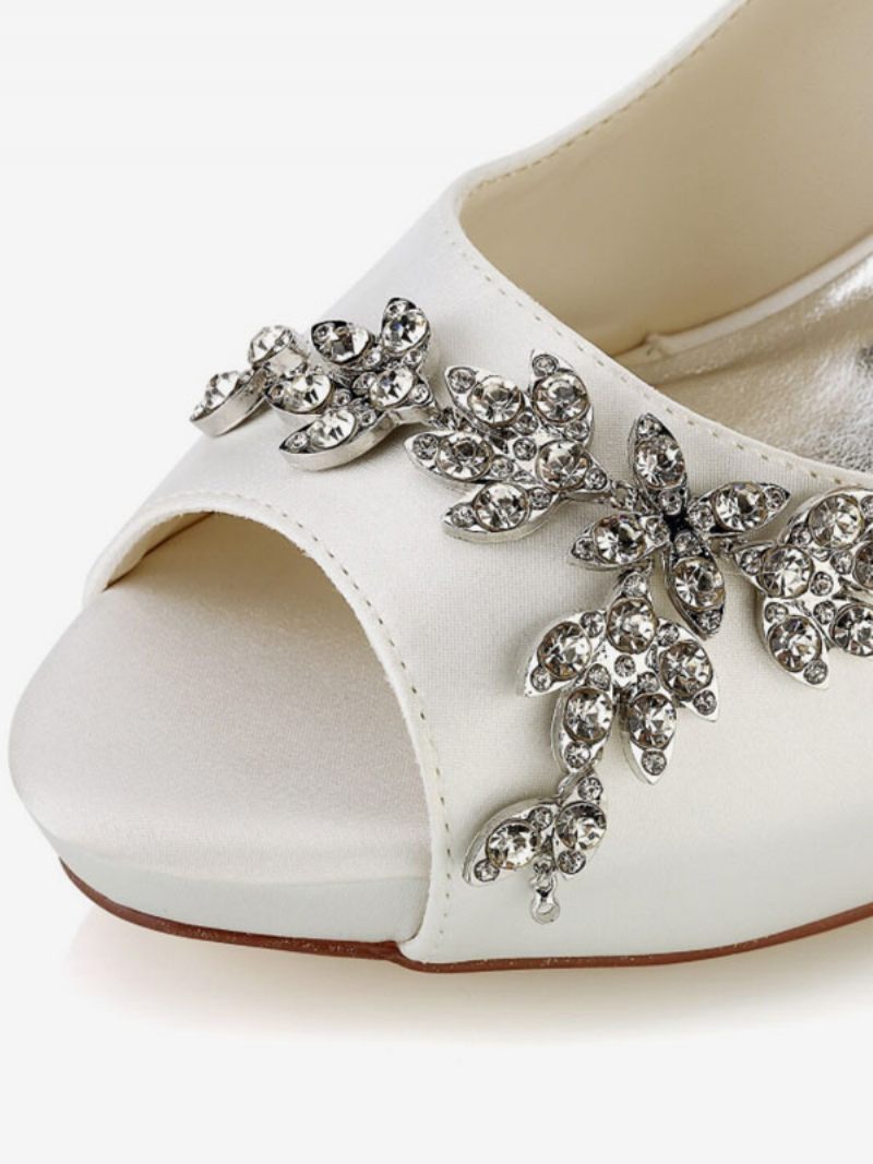 Chaussures Mariée Pour Femmes Satin Blanc Peep Toe Strass Talon Épais - Ivoire