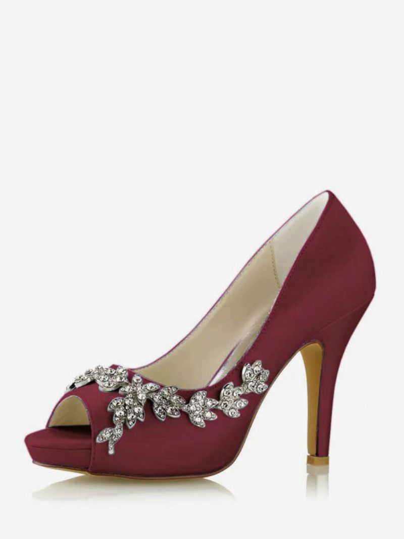 Chaussures Mariée Pour Femmes Satin Blanc Peep Toe Strass Talon Épais - Bourgogne