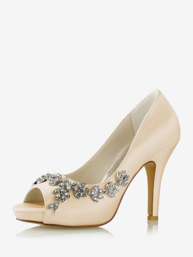 Chaussures Mariée Pour Femmes Satin Blanc Peep Toe Strass Talon Épais - Champagne