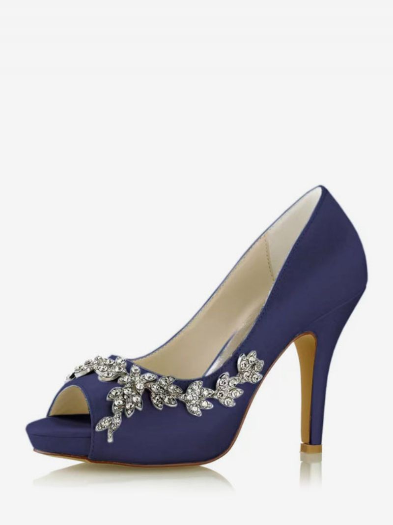 Chaussures Mariée Pour Femmes Satin Blanc Peep Toe Strass Talon Épais - Bleu Profond