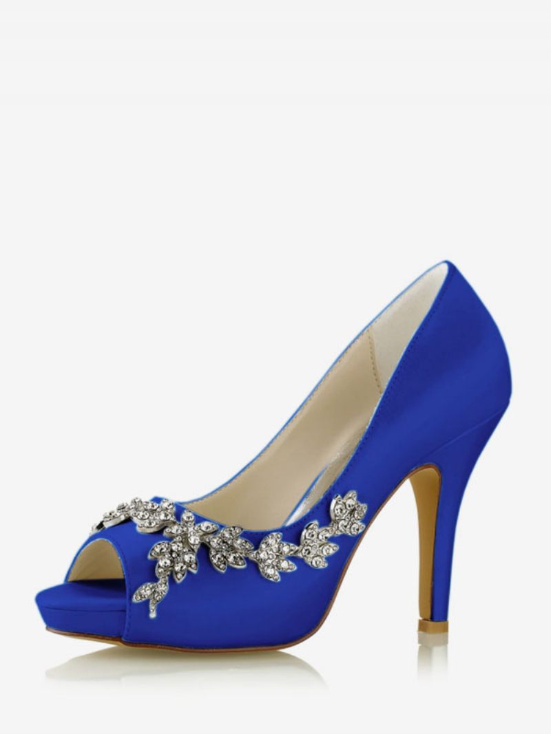 Chaussures Mariée Pour Femmes Satin Blanc Peep Toe Strass Talon Épais - Bleu Royal
