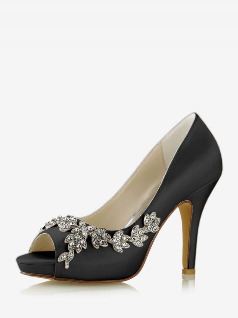 Chaussures Mariée Pour Femmes Satin Blanc Peep Toe Strass Talon Épais - Noir