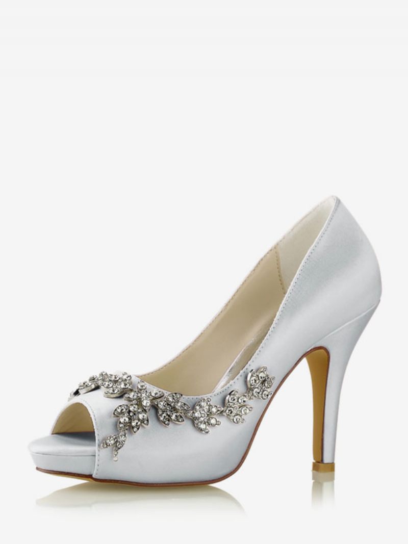 Chaussures Mariée Pour Femmes Satin Blanc Peep Toe Strass Talon Épais - Argent