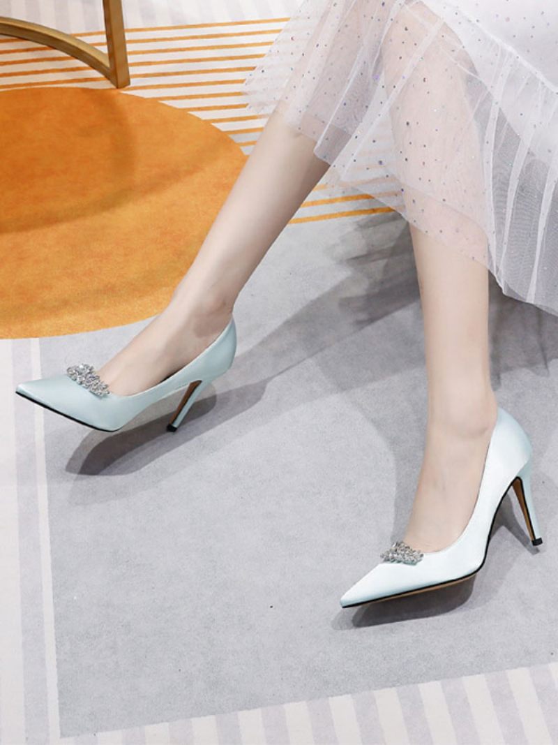 Chaussures Mariée Pour Femmes Satin Bleu Ciel Clair À Bout Pointu Strass Talon Aiguille - Bleu Ciel Clair