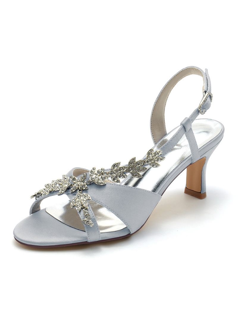 Chaussures Mariée Satin Pour Femmes Avec Strass Bout Ouvert Talon Chaton Mariage - Argent