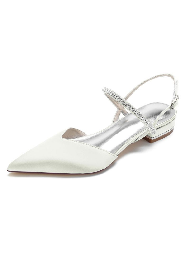 Chaussures Plates Mariée À Bride Arrière Mary Jane Avec Strass Pour Femmes Satin - Ivoire