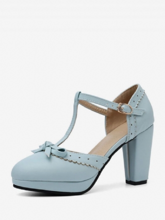 Chaussures À Talons Hauts Cuir Pu Bleu Pour Femmes Bout Pointu Type T Nœuds Vintage