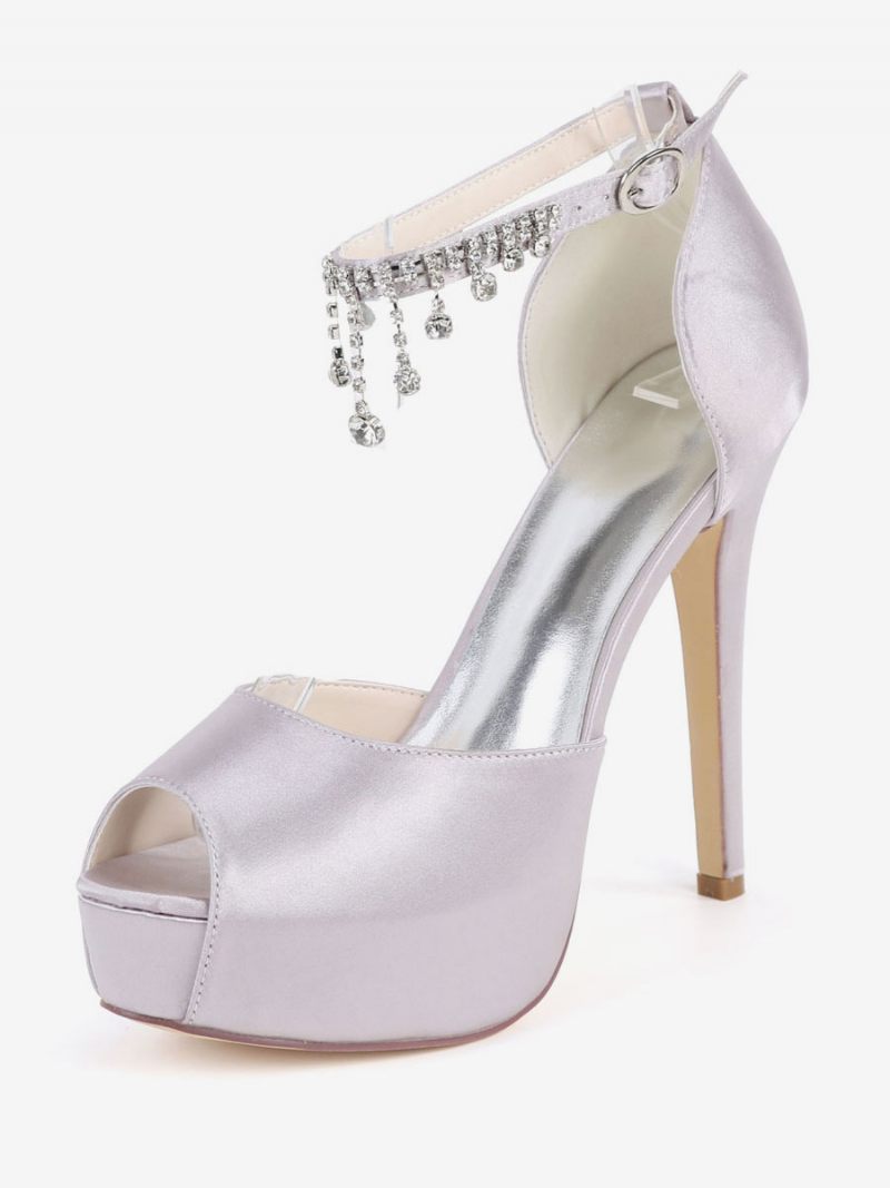 Escarpins Mariée À Plateforme Et Bride La Cheville Pour Femmes Talons Aiguilles Bout Ouvert Satin - Gris Clair