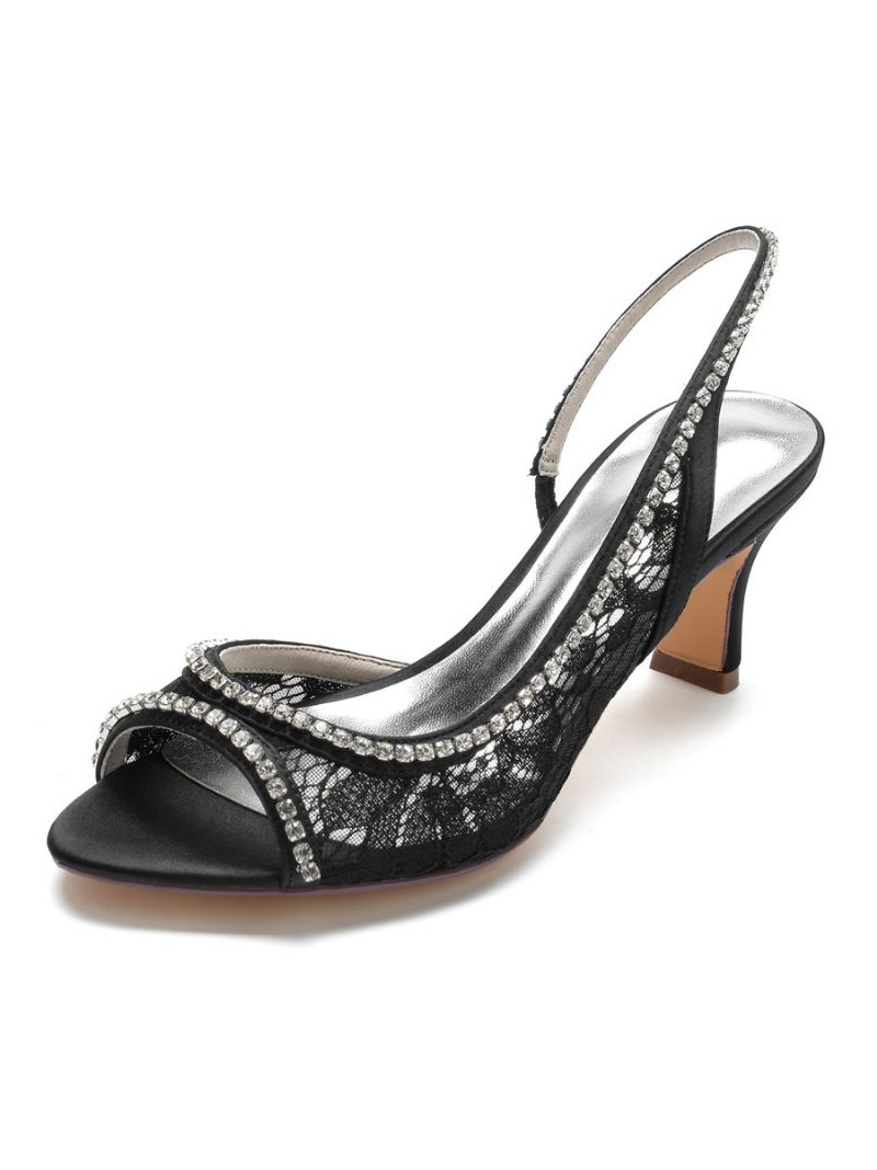 Escarpins Mariée À Talons Et Bride Arrière Dentelle Pour Femmes - Noir
