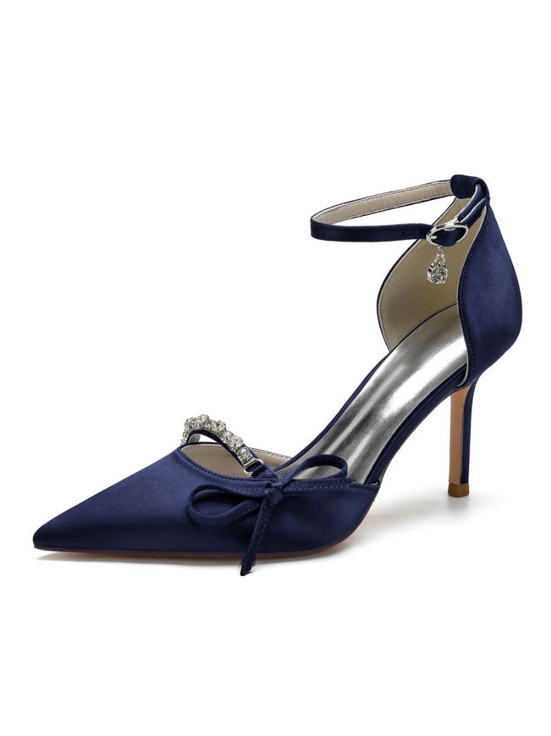 Escarpins Mariée À Talons Et Bride Cheville Pour Femmes Avec Nœud - Bleu Profond