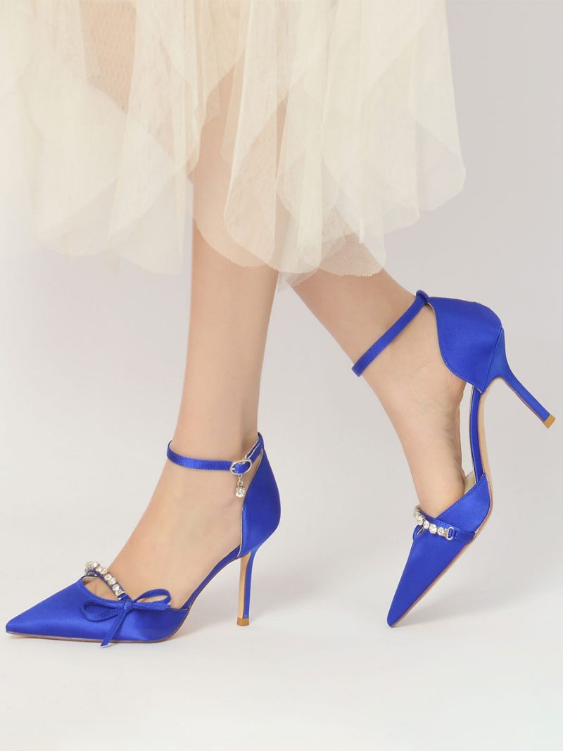 Escarpins Mariée À Talons Et Bride Cheville Pour Femmes Avec Nœud - Bleu Royal