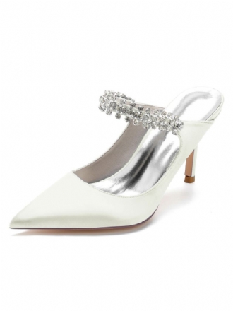 Mules Mariée Pour Femmes Avec Strass Bout Pointu Talon Aiguille Satin
