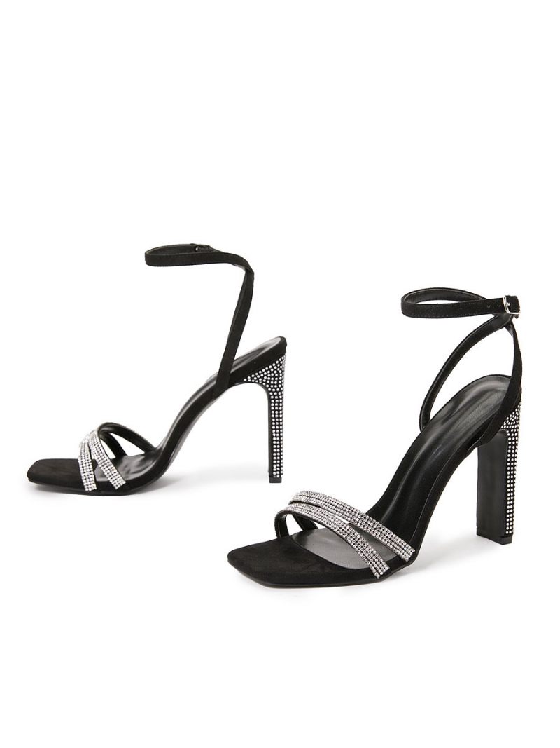 Sandales Soirée À Strass Pour Femmes Talon Épais - Noir