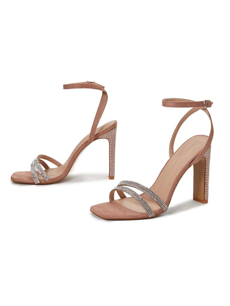 Sandales Soirée À Strass Pour Femmes Talon Épais - Rose Tendre