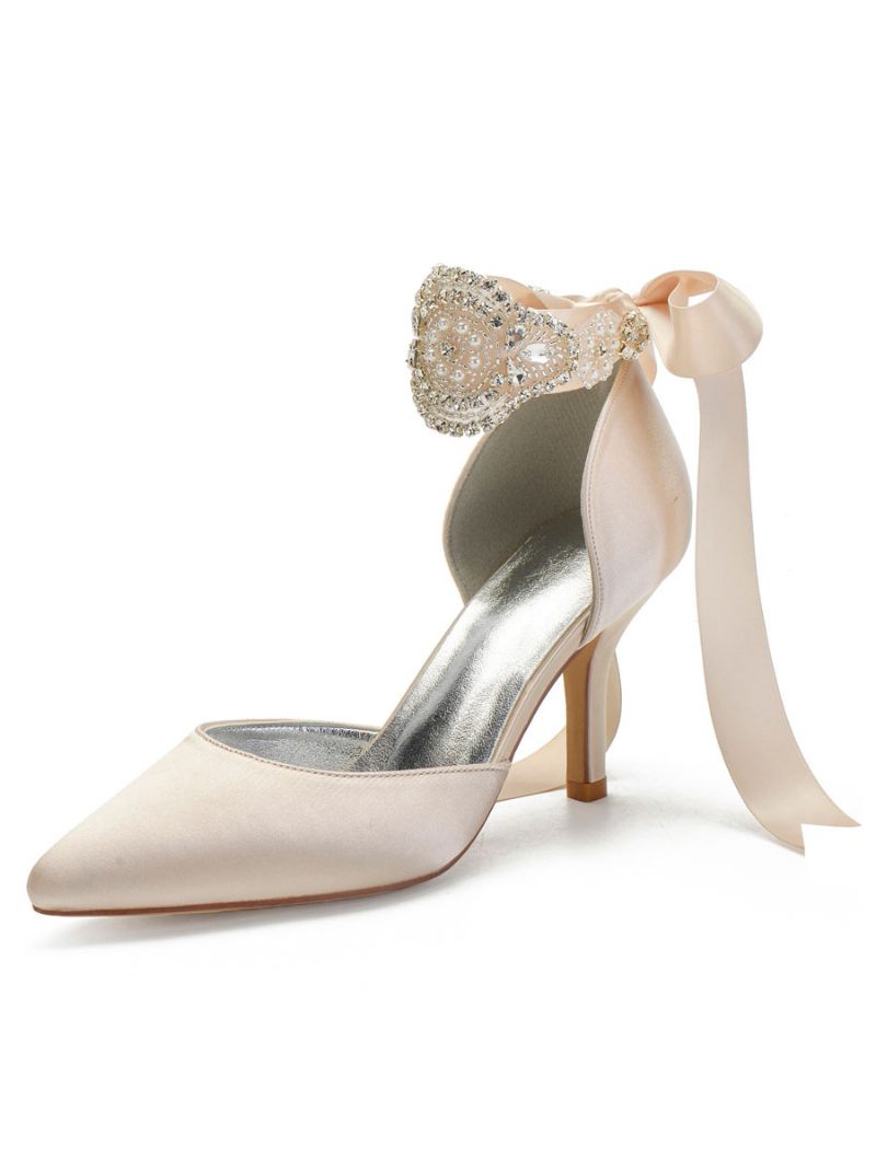 Talons Mariée Confortables À Lacets Et Strass Pour Femmes - Champagne