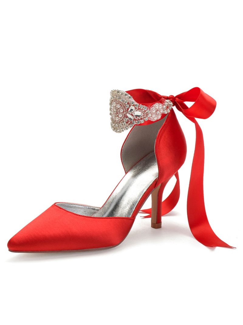 Talons Mariée Confortables À Lacets Et Strass Pour Femmes - Rouge Ture
