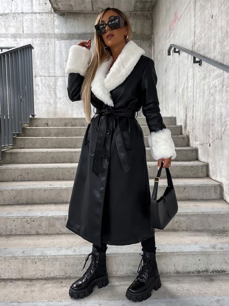 Manteau Cuir Pu Pour Femmes Double Boutonnage Garniture Fausse Fourrure Vêtements D'extérieur Ceinturés - Noir
