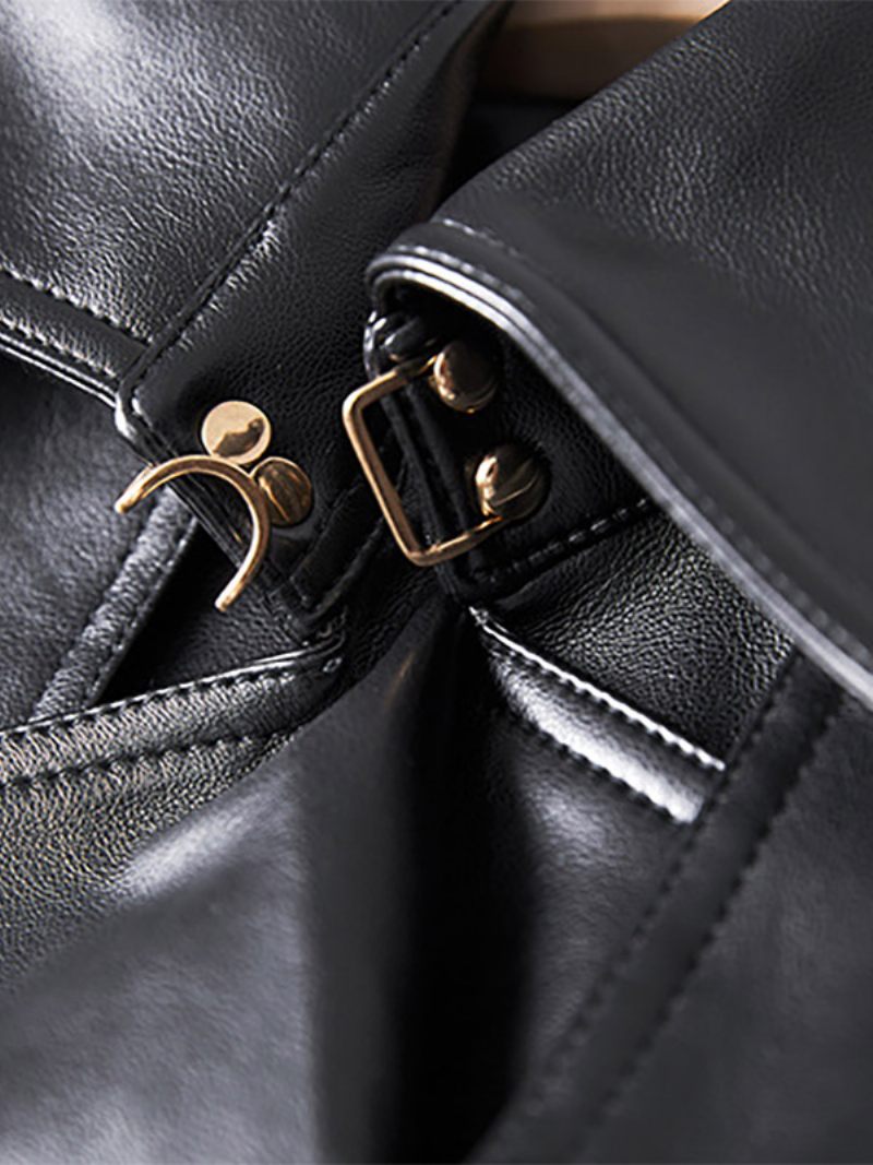 Trench-coat Pour Femmes Revers Cranté Double Poitrine Ceinture Vêtements D'extérieur Cuir Pu - Noir