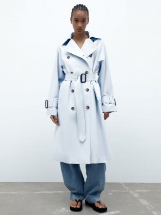 Trench Femme Bleu Bébé Col Rabattu Manches Longues Vêtements D'extérieur