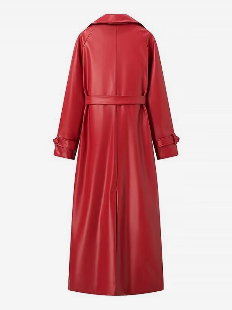 Trenchs Rouges Cuir Pu Ceinture Longue Col Rabattu Manches Longues Vêtements D'extérieur Chics Pour Femmes - Rouge