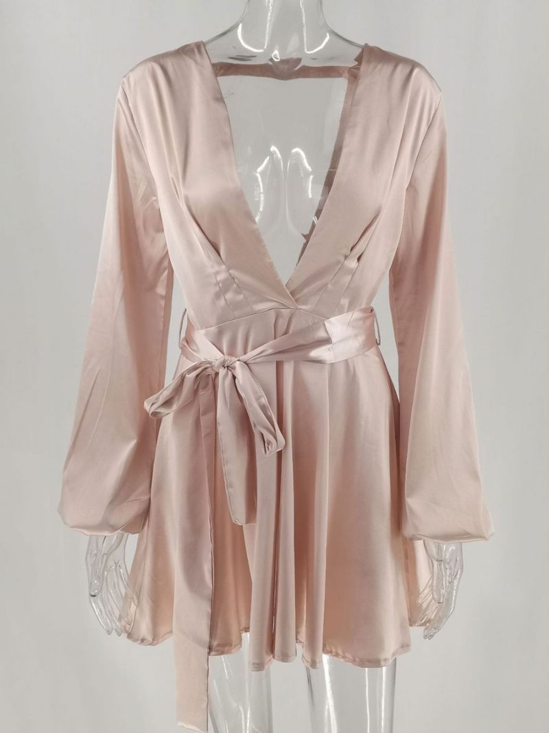Robes Fête D'anniversaire Pour Femmes Col V Plissé Manches Longues Robe Semi-formelle Extensible - Rose