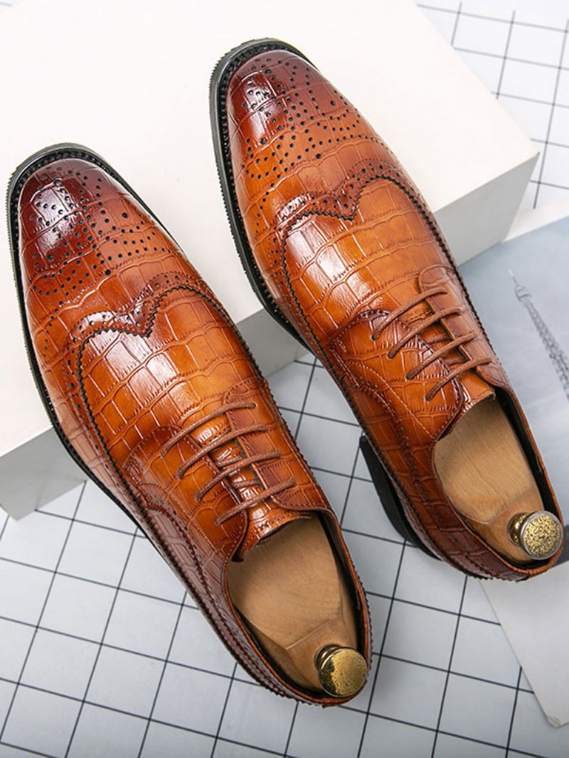 Chaussures Habillées Pour Hommes Élégantes À Bout Rond Lacets Cuir Pu Marié - Marron Café