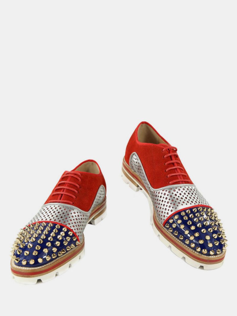 Chaussures Habillées Rouges Cuir Hommes Bout Rond Rivets Oxford À Lacets Perlées