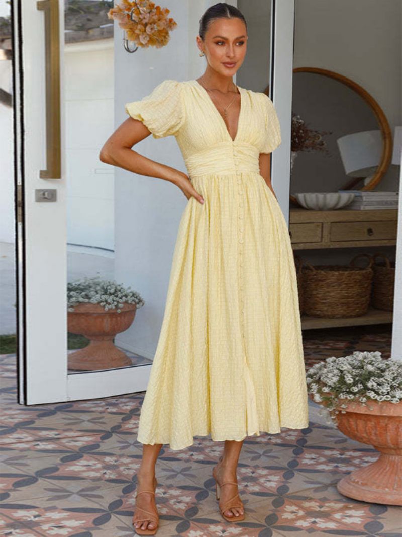 Robe D'été Bleu Ciel Clair Pour Femmes Manches Bouffantes Plongeantes Longue Décontractée - Beige