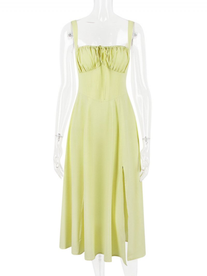 Robe D'été Sans Manches Bretelles Col Chic À Lacets Mi-longue Pour Femmes - Jaune