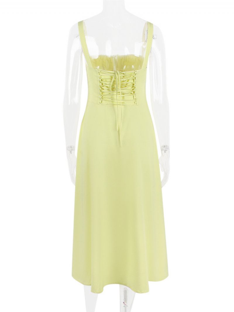 Robe D'été Sans Manches Bretelles Col Chic À Lacets Mi-longue Pour Femmes - Jaune