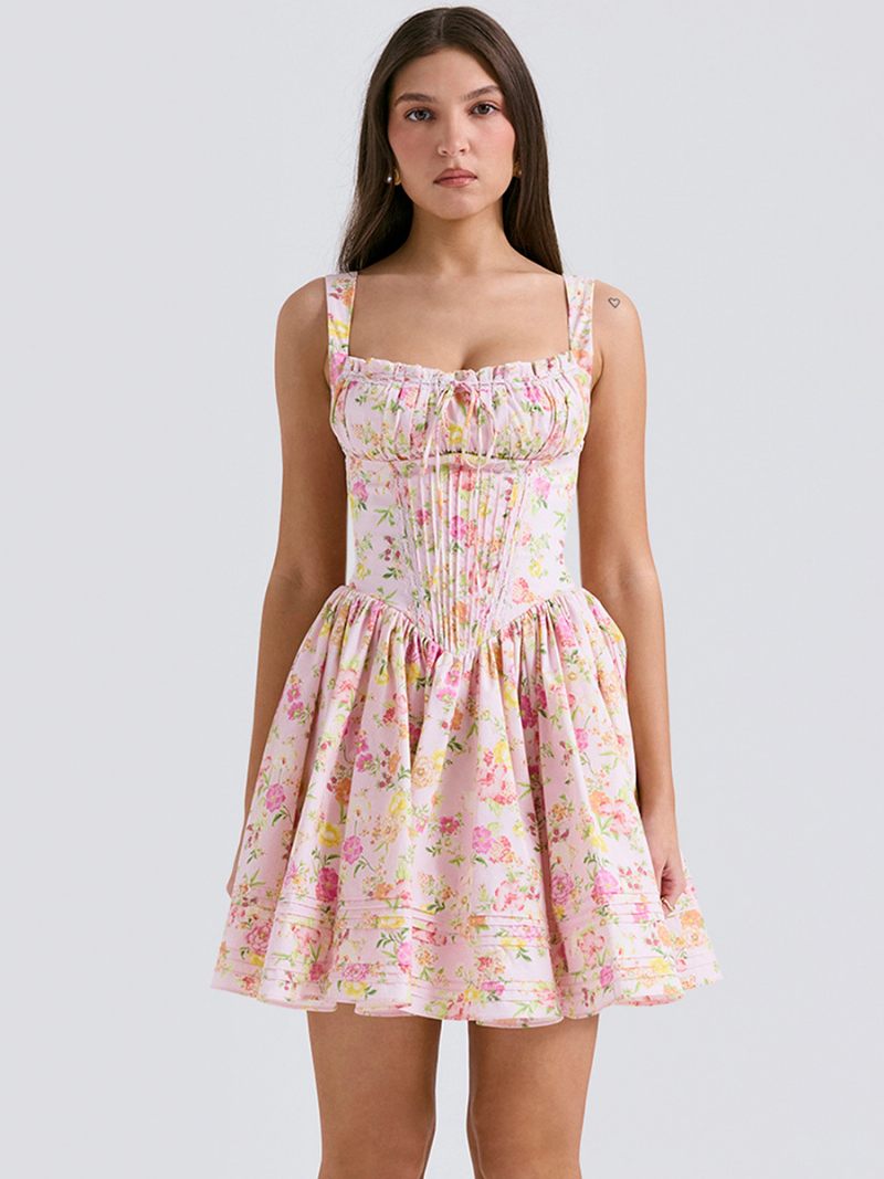 Robe Mini À Fleurs Pour Femmes Imprimé Floral Bretelles Lacets Cou Sans Manches Couture Ouverte Élégante Courte D'automne - Jaune