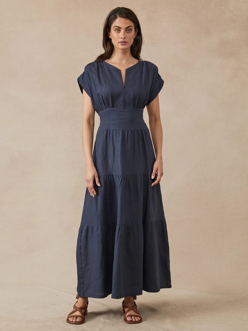 Robe Soirée Pour Femmes Bleu Marine Foncé Col Orné Ceinture Manches Courtes Imprimé Floral Semi-formelle